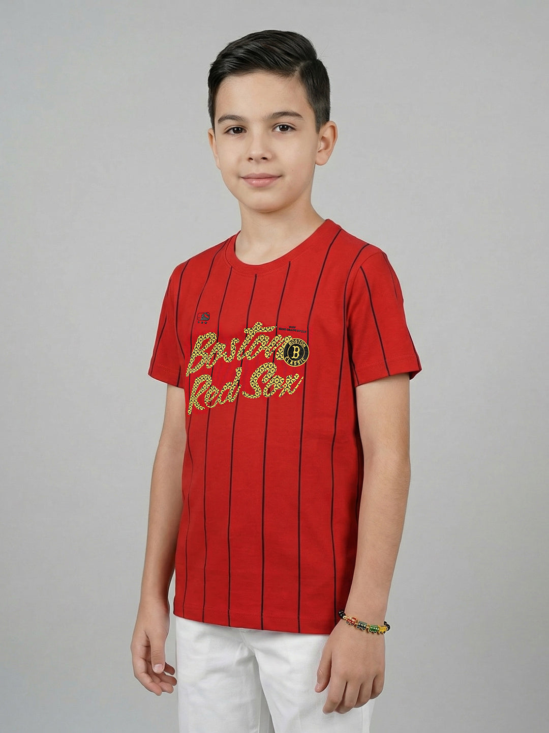 Boys Red Printed Round Neck Half Sleeve T-Shirt