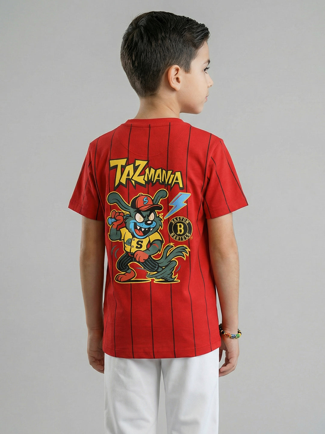 Boys Red Printed Round Neck Half Sleeve T-Shirt