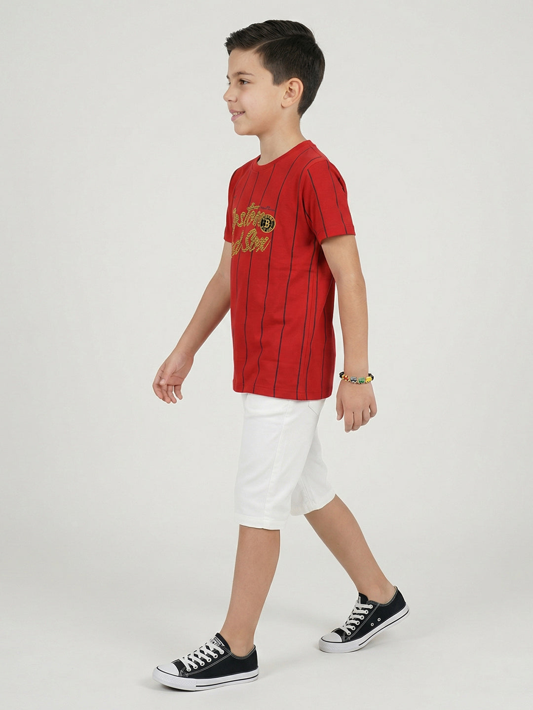 Boys Red Printed Round Neck Half Sleeve T-Shirt