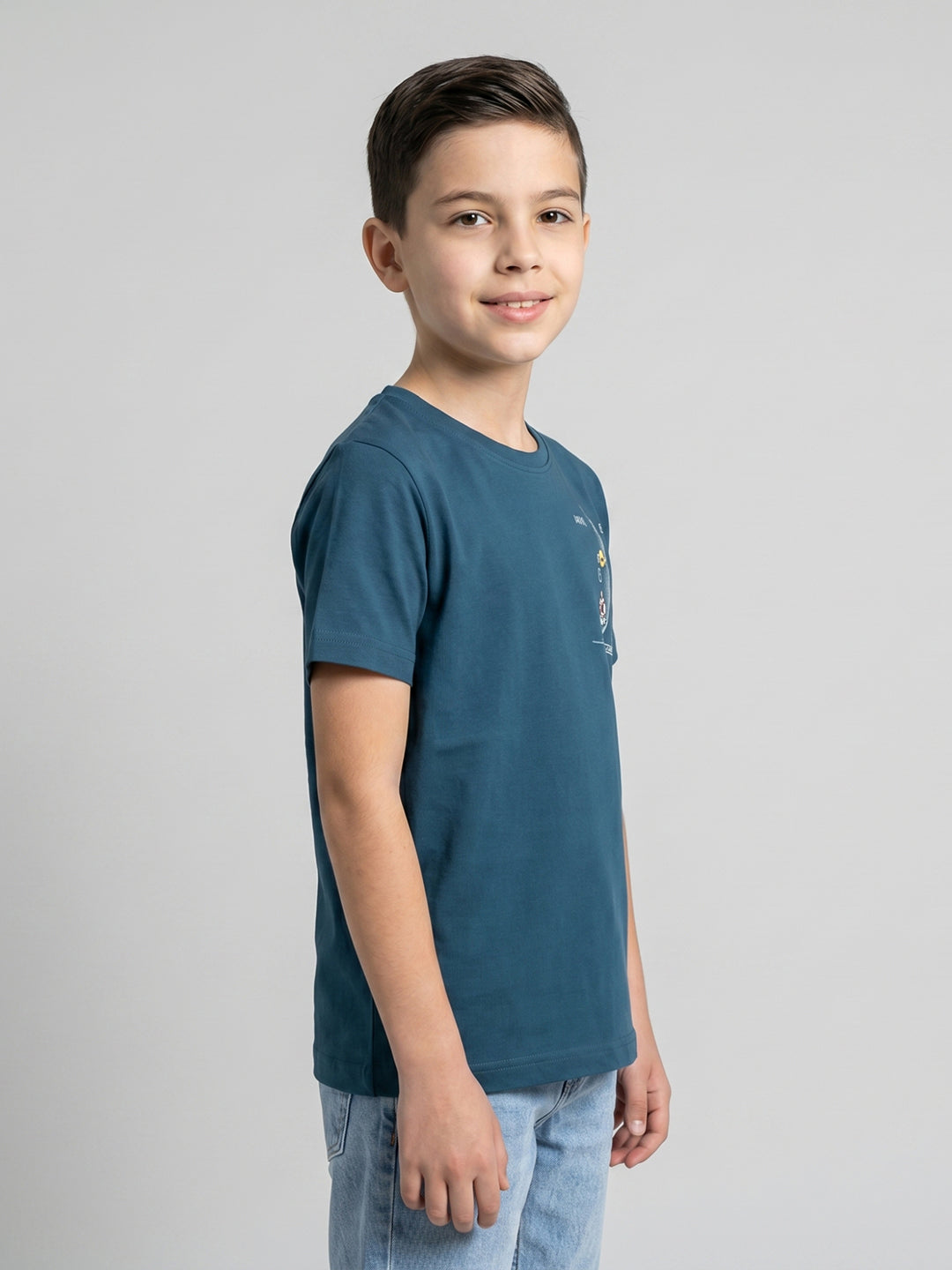 Boys Teal Blue Printed Round Neck Half Sleeve T-Shirt