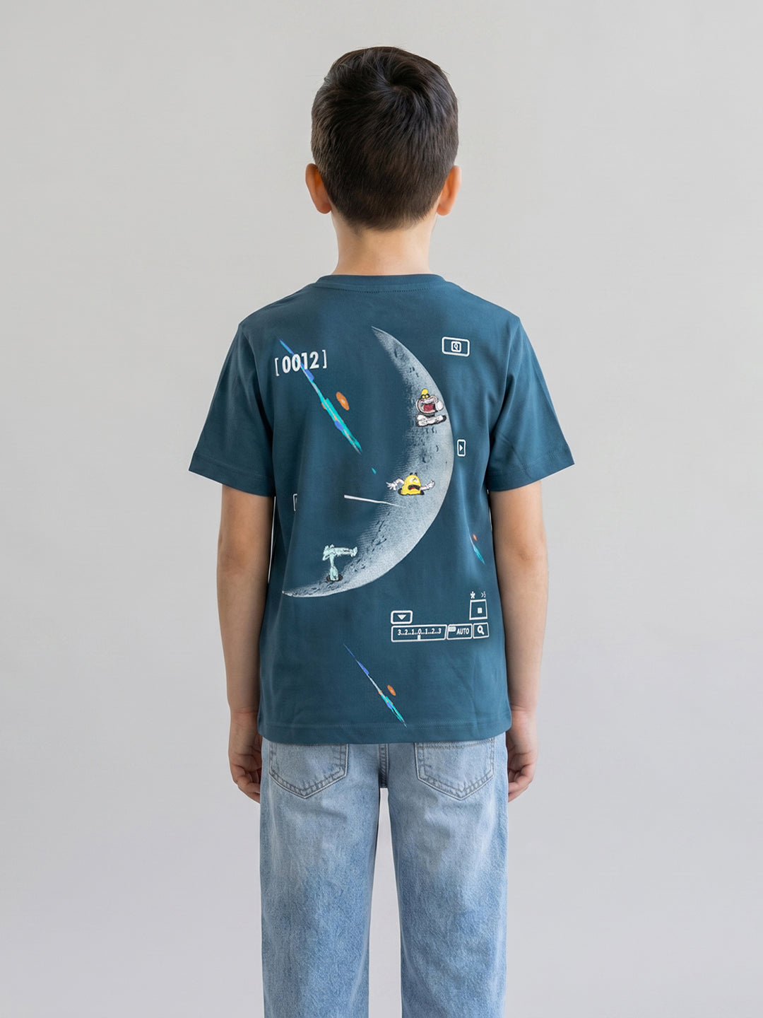 Boys Teal Blue Printed Round Neck Half Sleeve T-Shirt