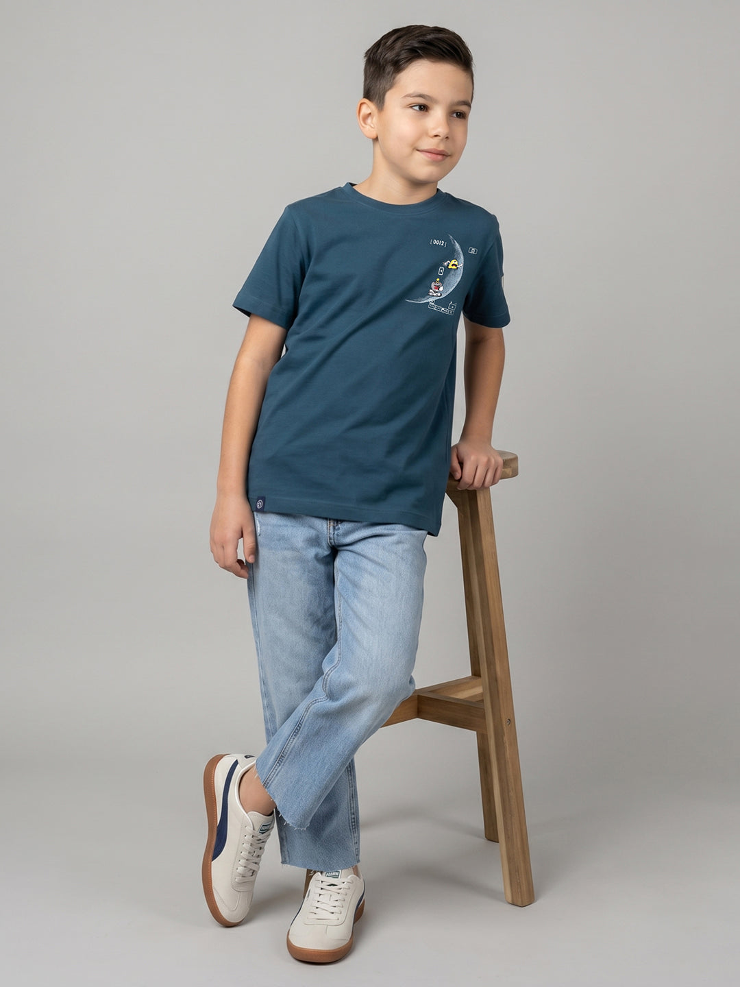 Boys Teal Blue Printed Round Neck Half Sleeve T-Shirt