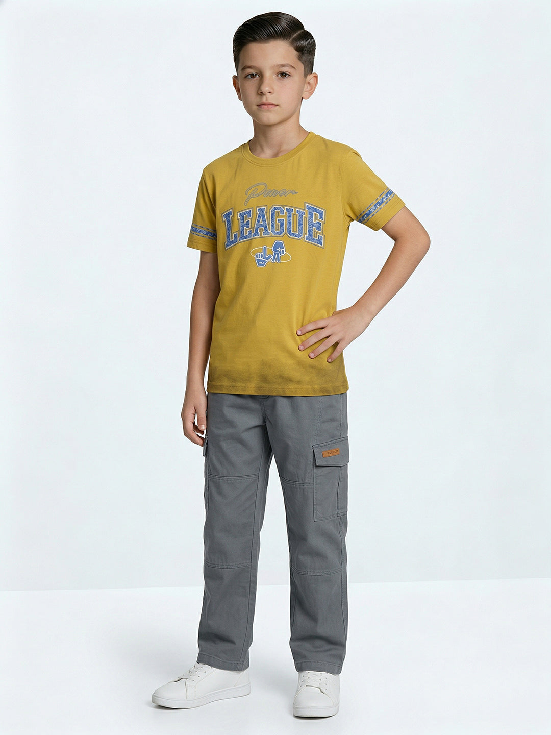 Boys Mustard Printed Round Neck Half Sleeve T-Shirt