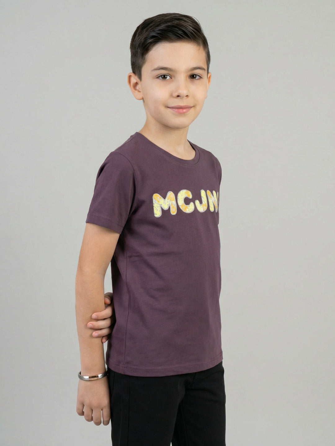Boys Mauve Embroidered Round Neck Half Sleeve T-Shirt