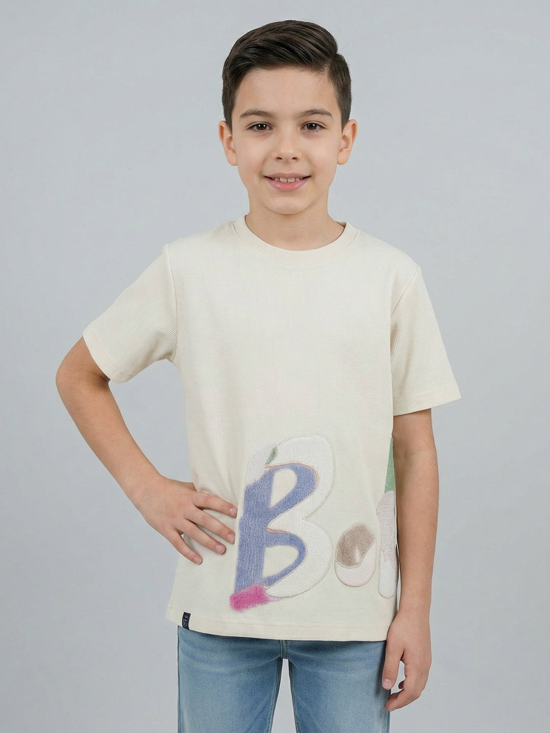 Boys Off White Printed Round Neck Half Sleeve T-Shirt