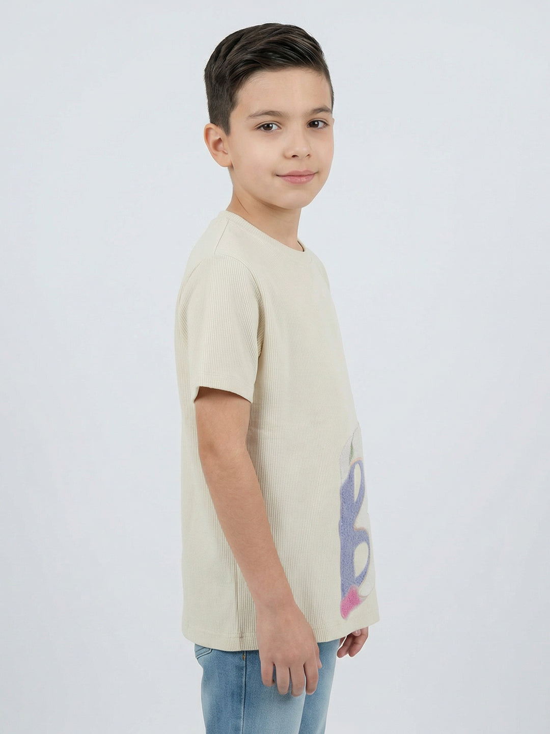 Boys Off White Printed Round Neck Half Sleeve T-Shirt
