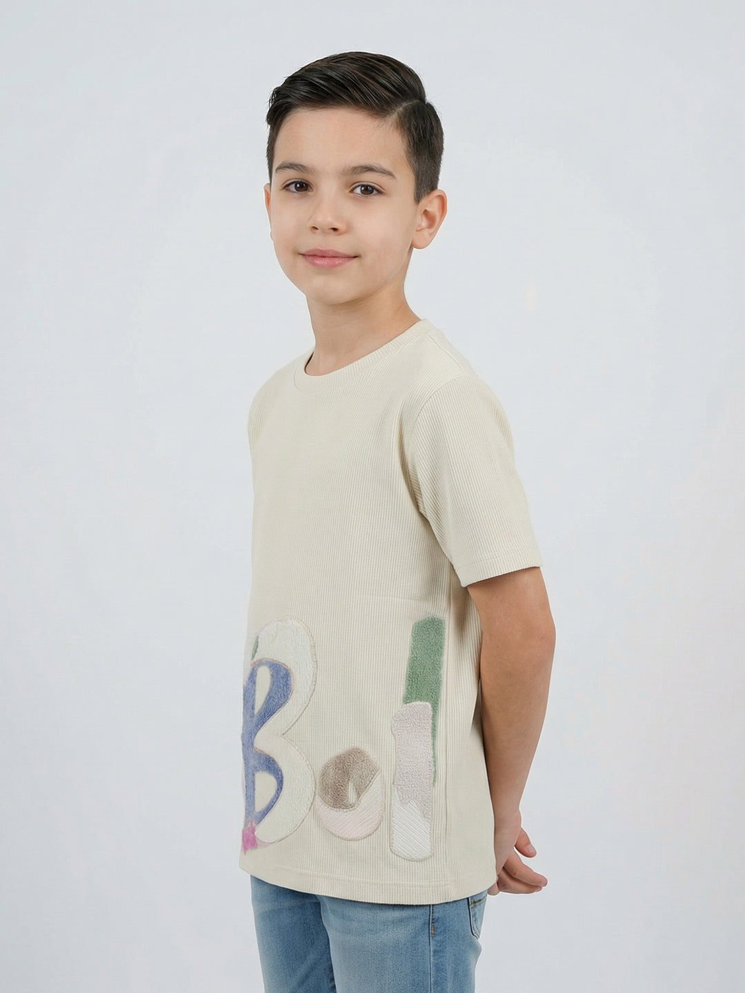 Boys Off White Printed Round Neck Half Sleeve T-Shirt
