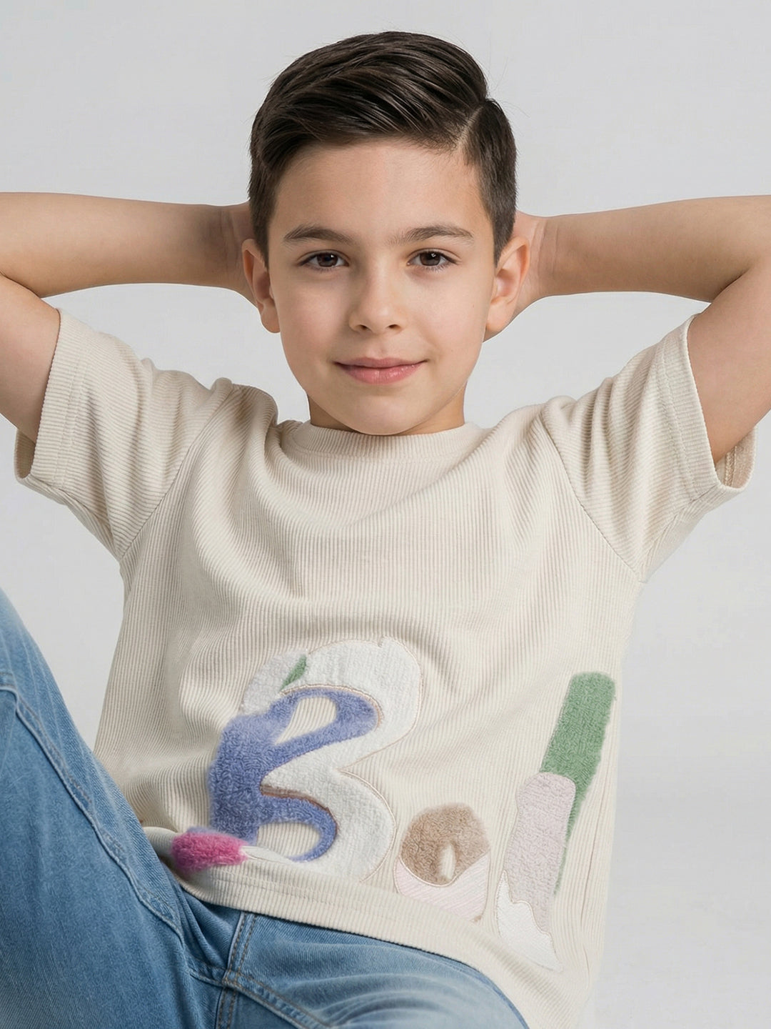 Boys Off White Printed Round Neck Half Sleeve T-Shirt