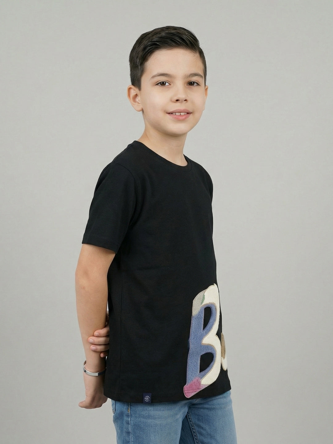 Boys Black Printed Round Neck Half Sleeve T-Shirt