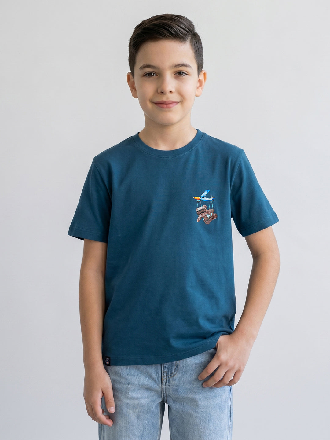 Boys Teal Blue Printed Round Neck Half Sleeve T-Shirt
