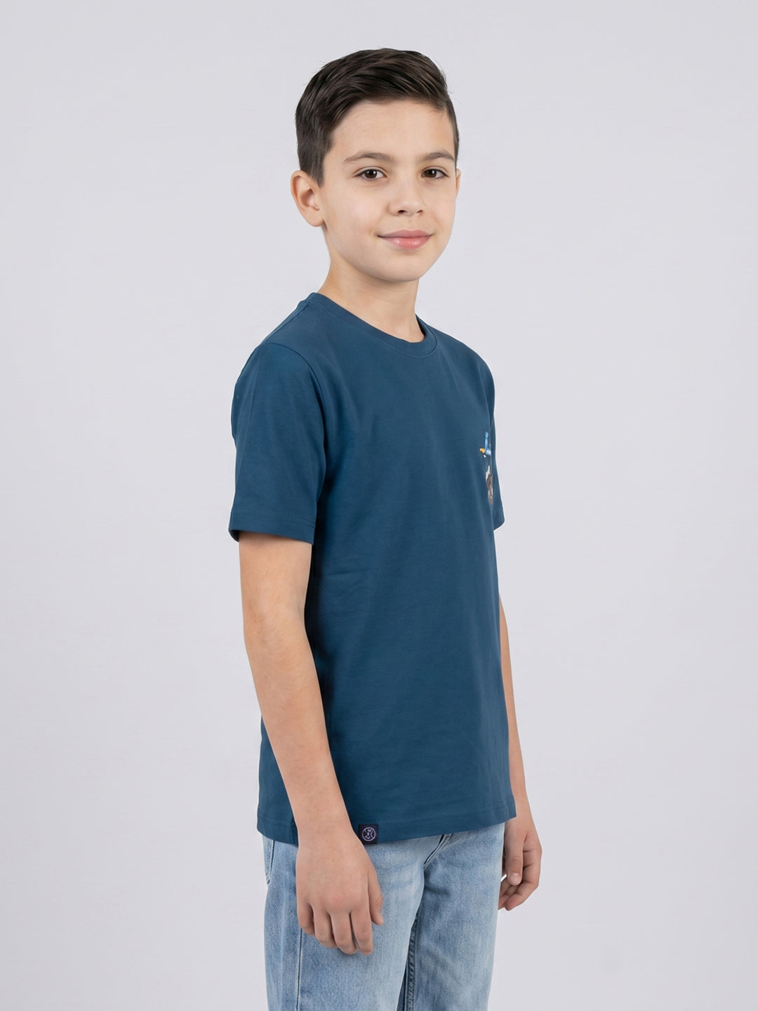 Boys Teal Blue Printed Round Neck Half Sleeve T-Shirt