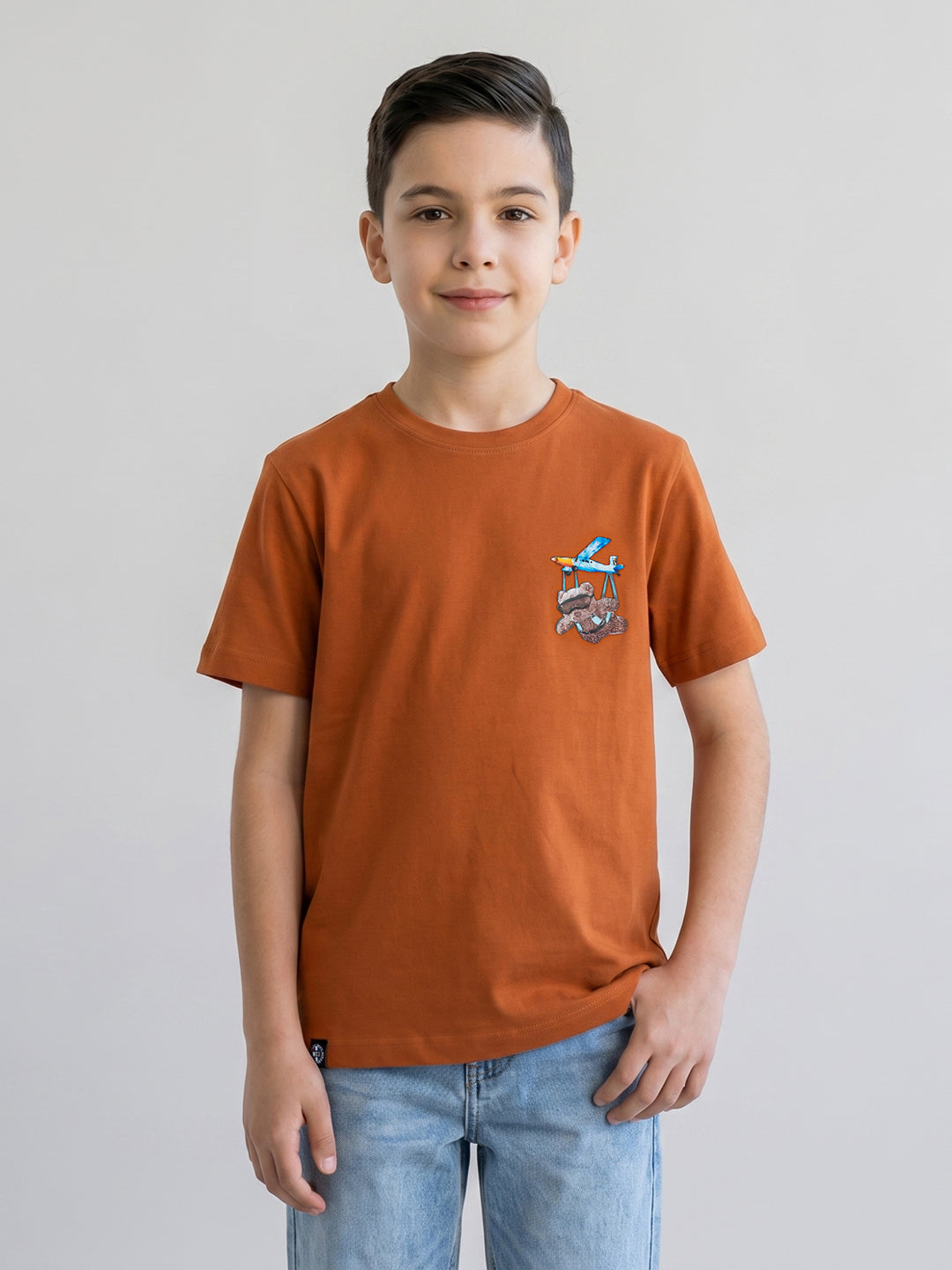 Boys Tan Printed Round Neck Half Sleeve T-Shirt