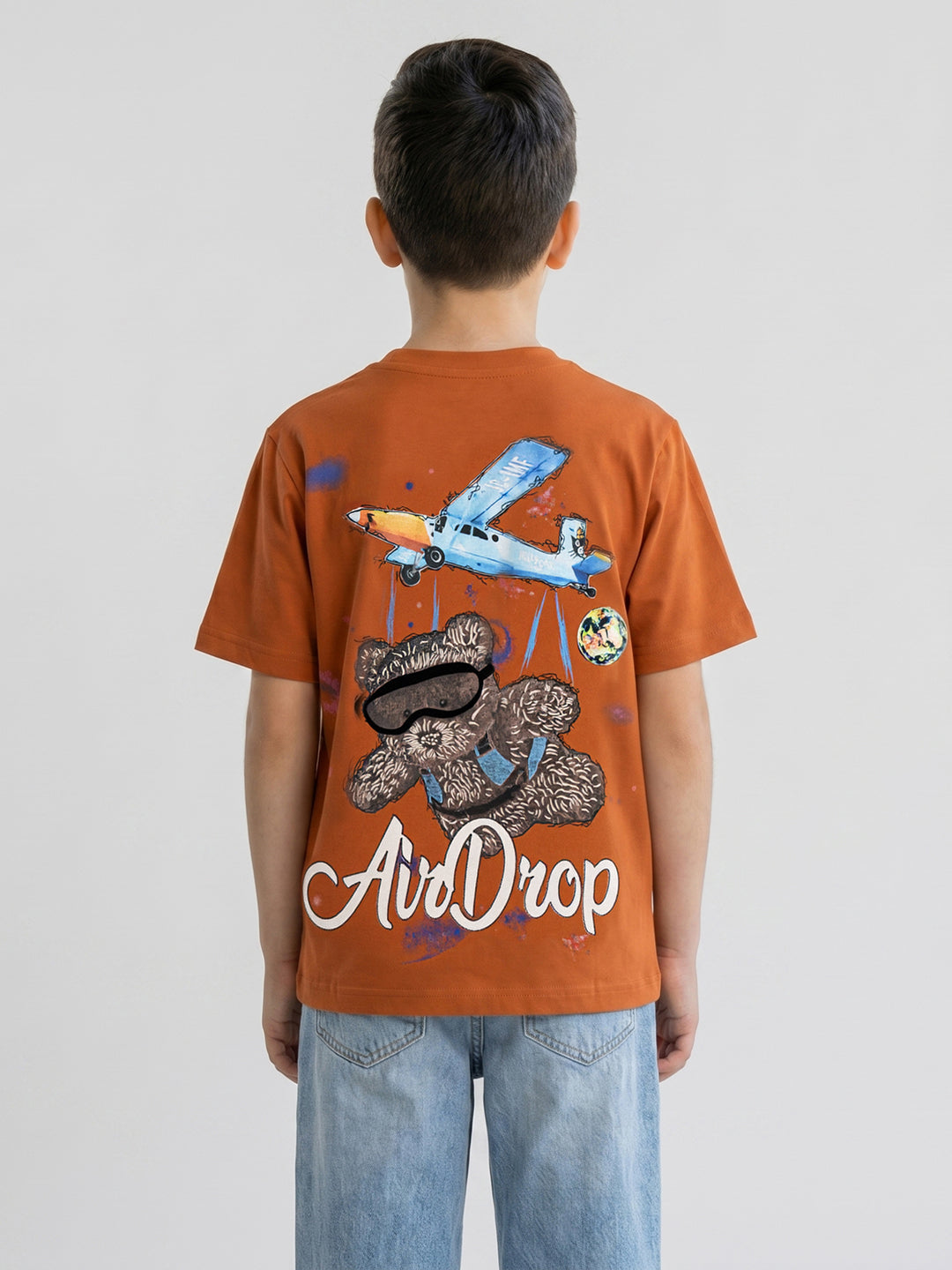Boys Tan Printed Round Neck Half Sleeve T-Shirt