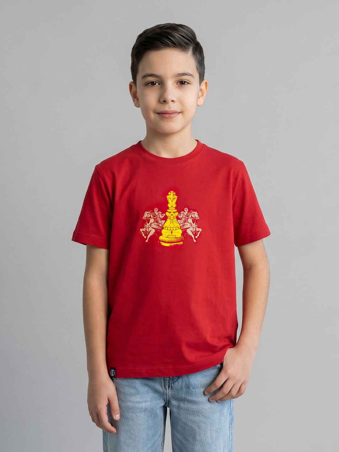 Boys Red Printed Round Neck Half Sleeve T-Shirt