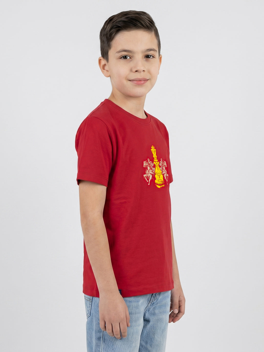 Boys Red Printed Round Neck Half Sleeve T-Shirt