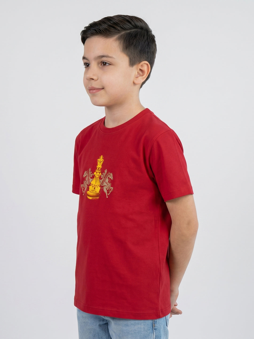 Boys Red Printed Round Neck Half Sleeve T-Shirt