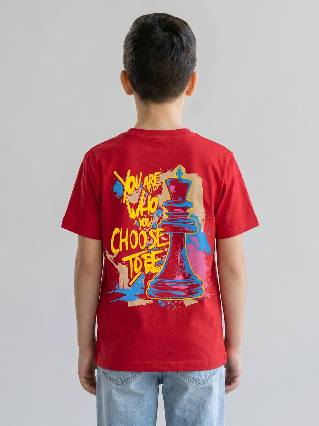 Boys Red Printed Round Neck Half Sleeve T-Shirt
