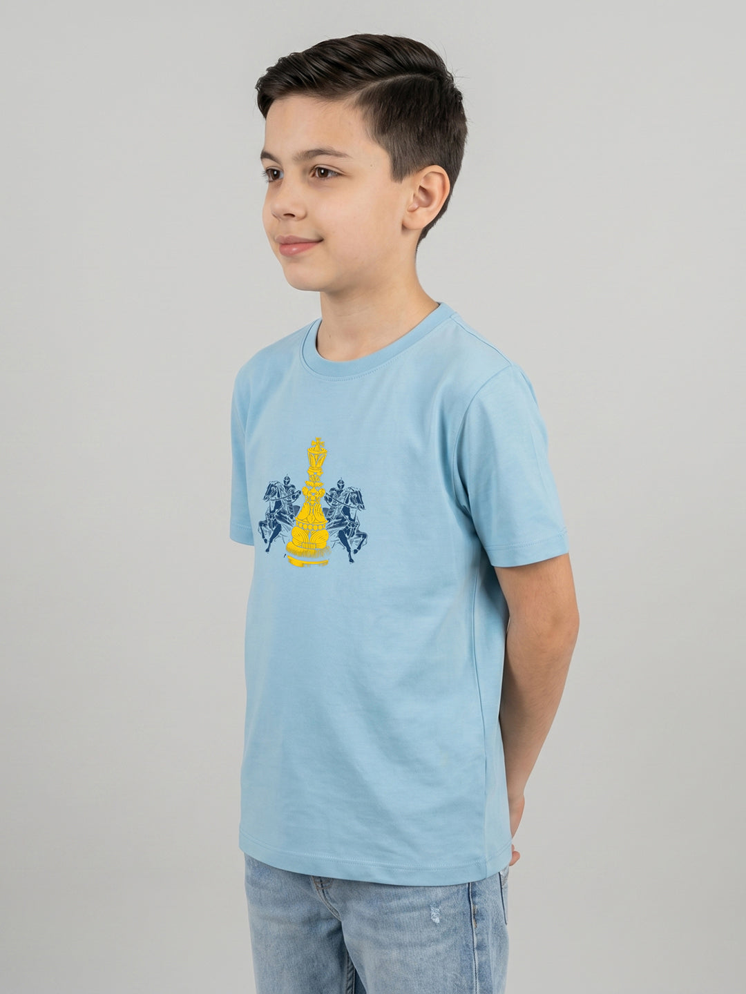 Boys Sky Blue Printed Round Neck Half Sleeve T-Shirt