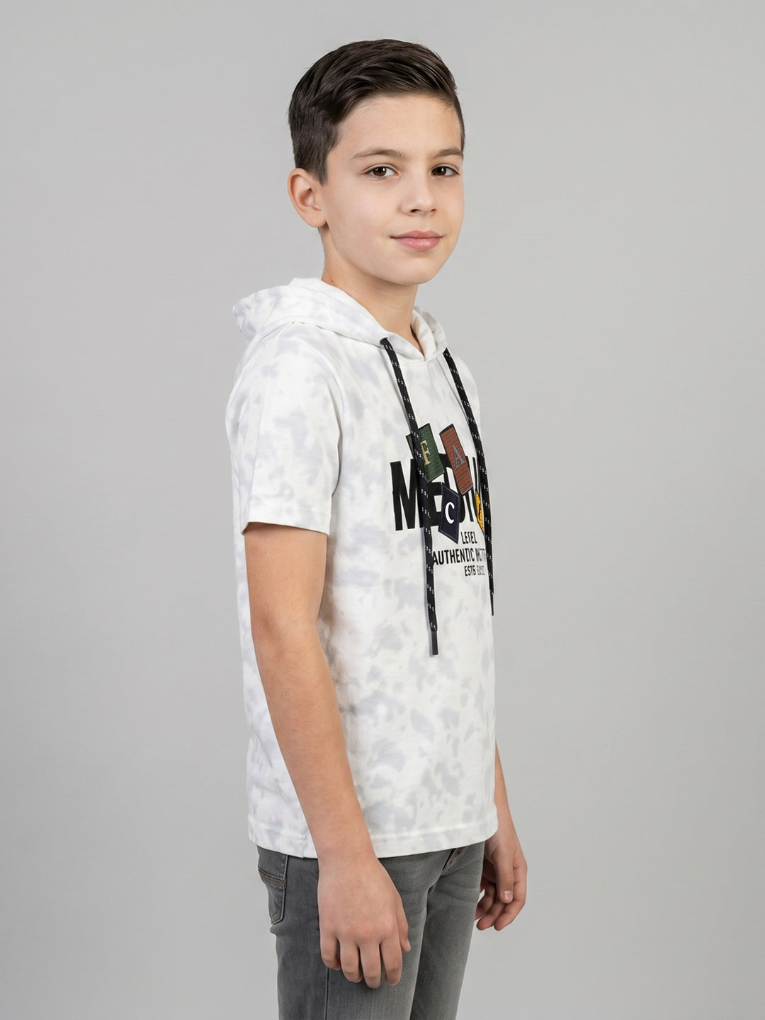Boys White Printed Hooded Half Sleeve T-Shirt