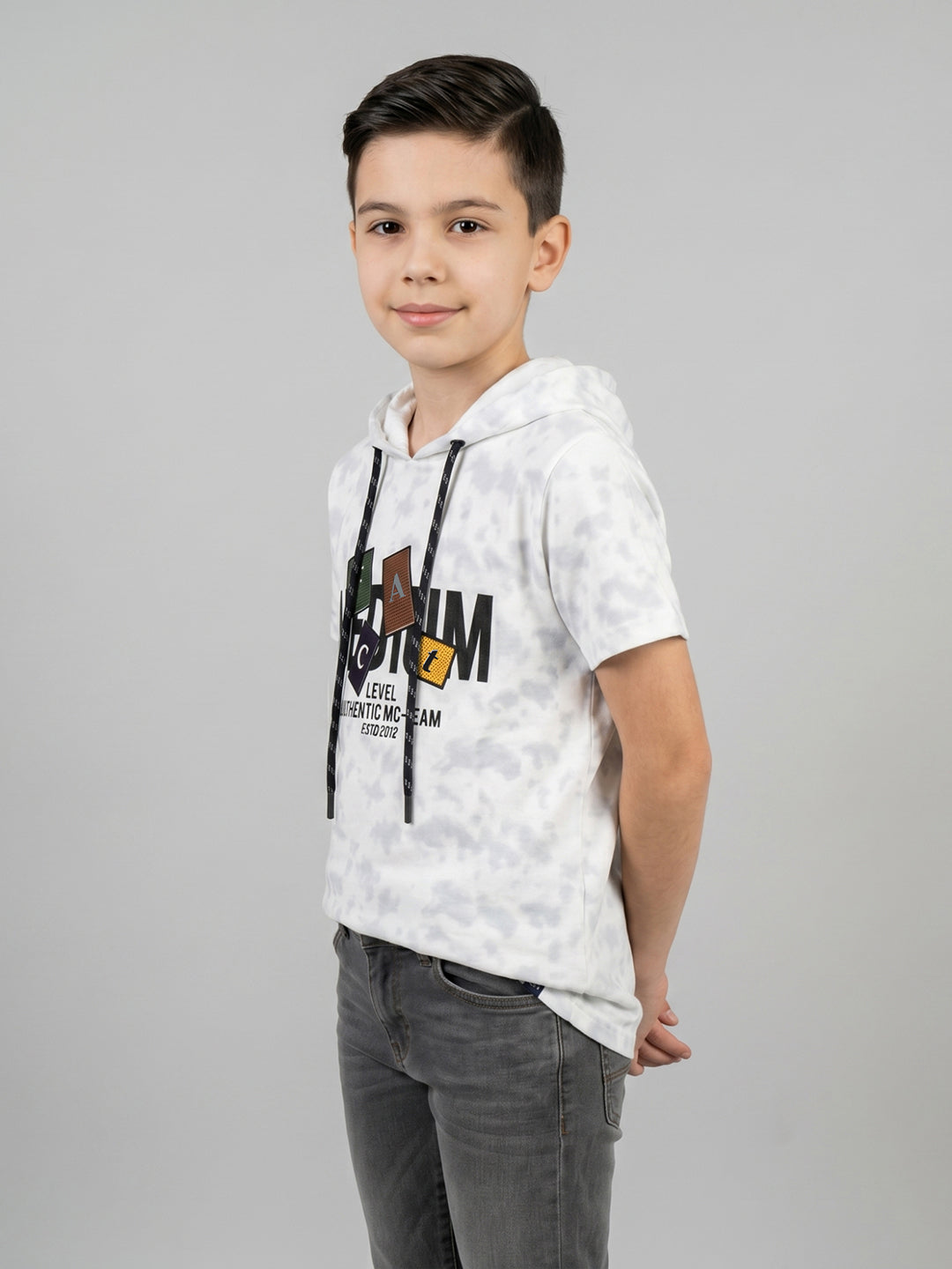 Boys White Printed Hooded Half Sleeve T-Shirt