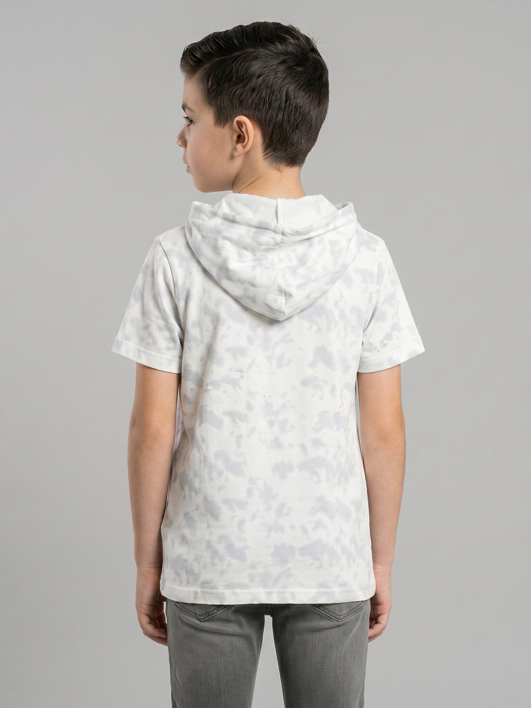 Boys White Printed Hooded Half Sleeve T-Shirt