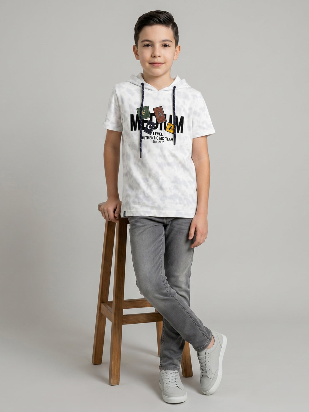 Boys White Printed Hooded Half Sleeve T-Shirt