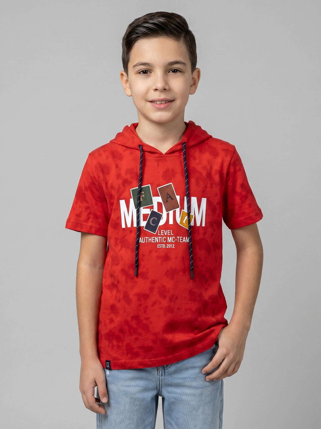 Boys Red Printed Hooded Half Sleeve T-Shirt