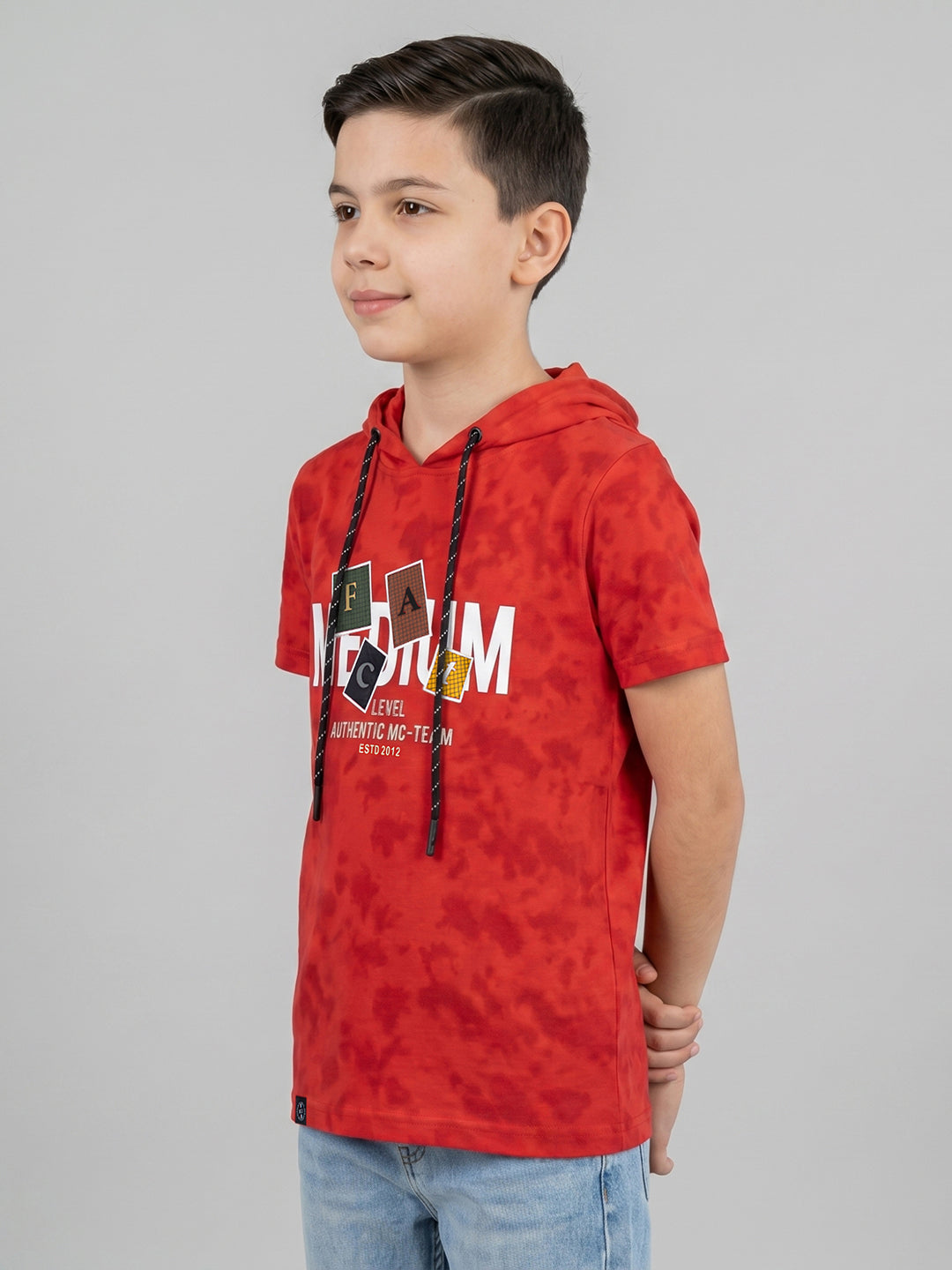 Boys Red Printed Hooded Half Sleeve T-Shirt