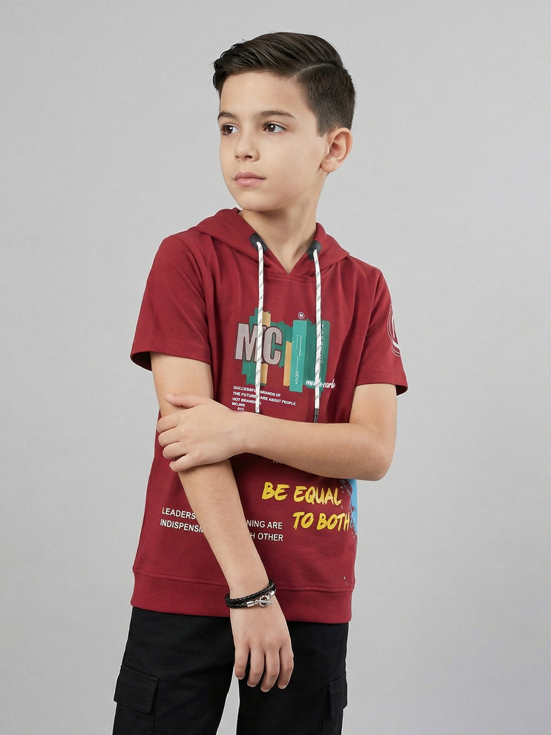 Boys Maroon Printed Hooded Half Sleeve T-Shirt