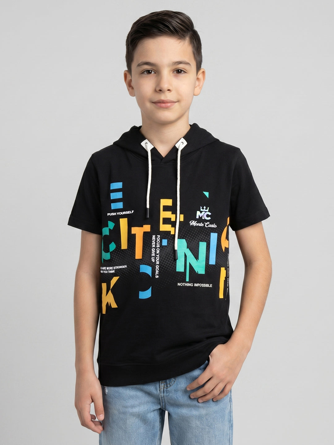 Boys Black Printed Hooded Half Sleeve T-Shirt