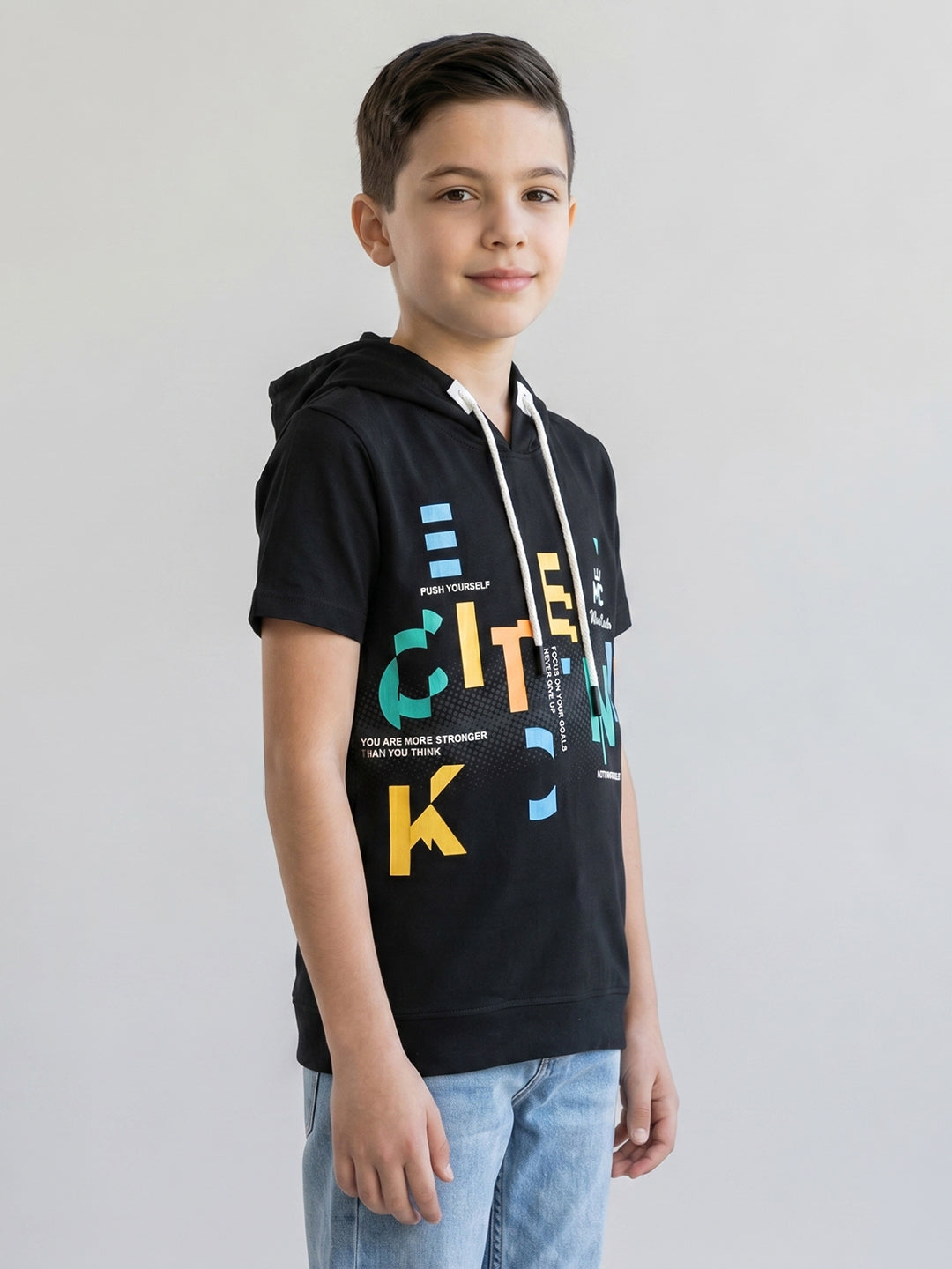 Boys Black Printed Hooded Half Sleeve T-Shirt