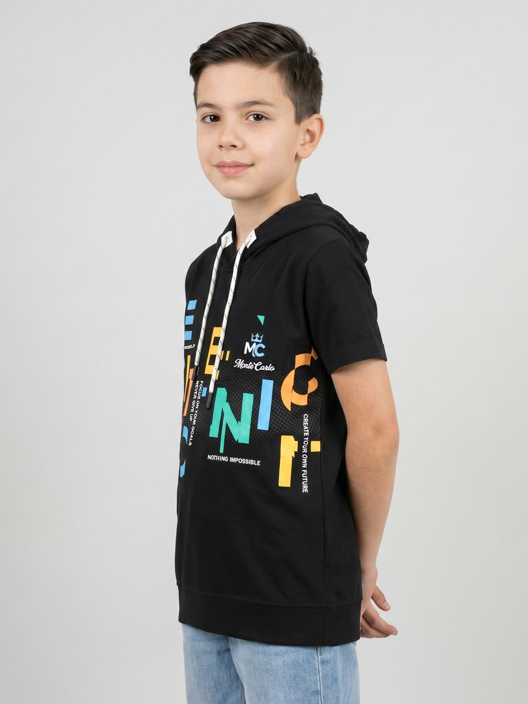 Boys Black Printed Hooded Half Sleeve T-Shirt