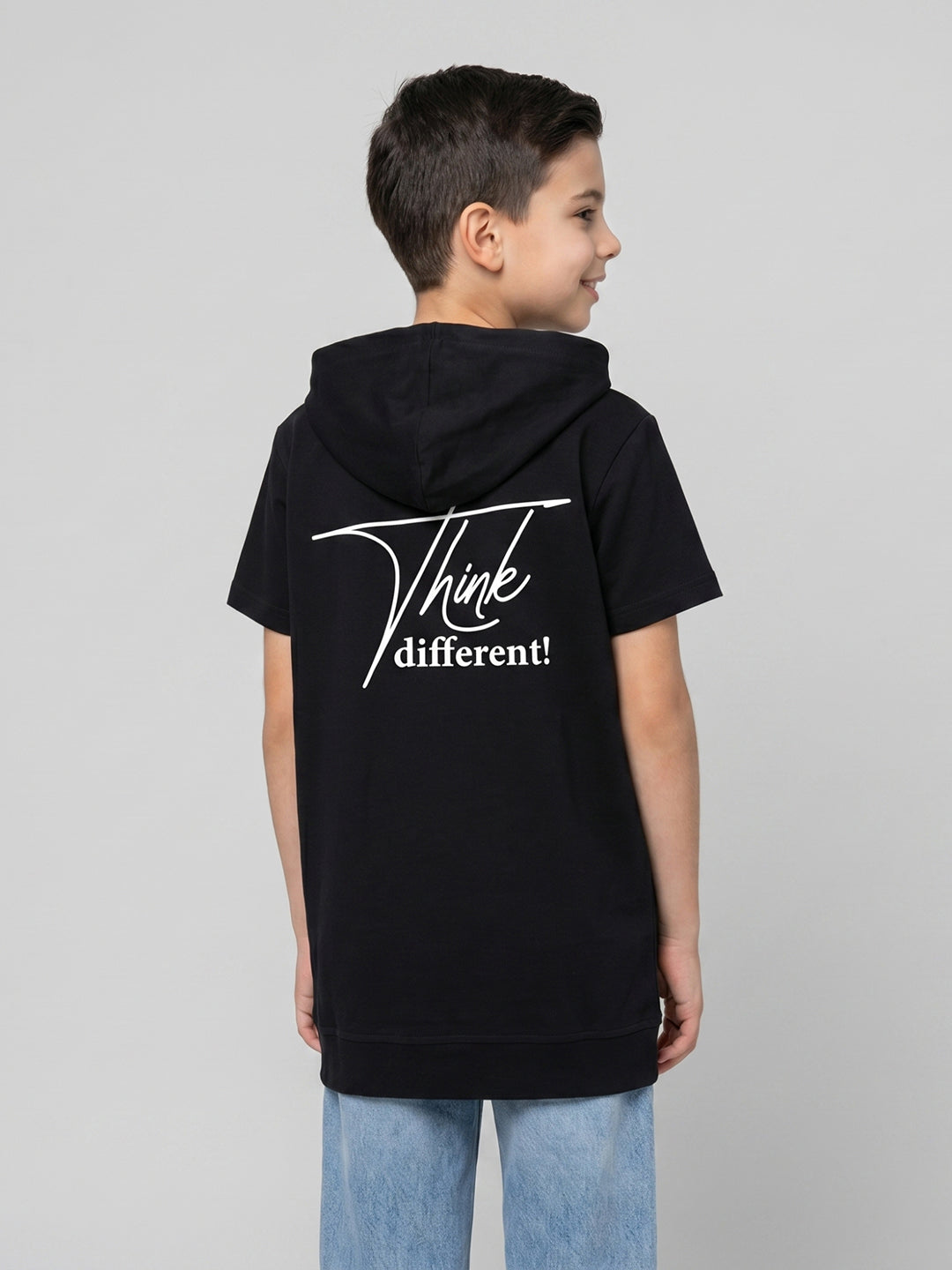 Boys Black Printed Hooded Half Sleeve T-Shirt