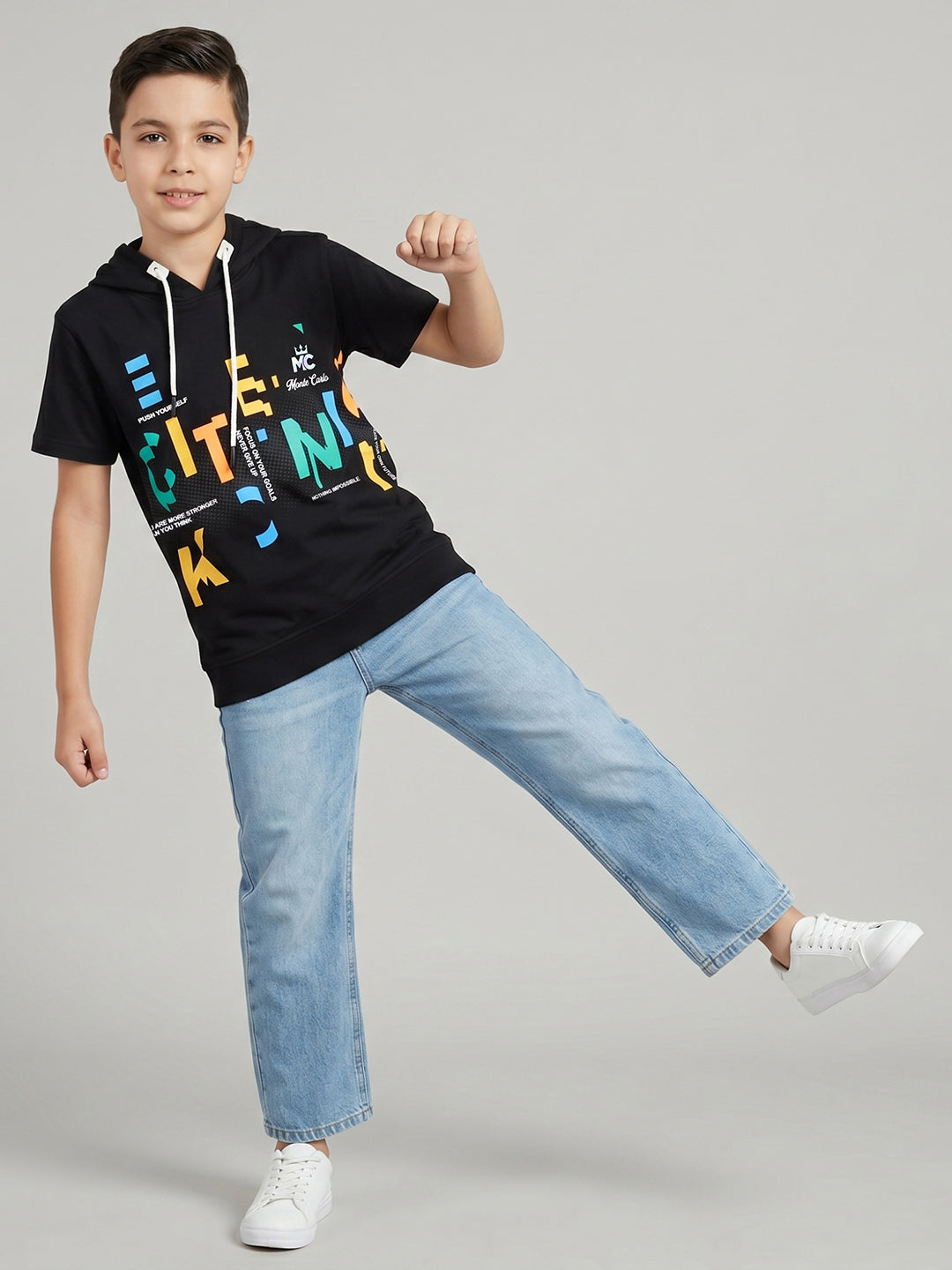 Boys Black Printed Hooded Half Sleeve T-Shirt