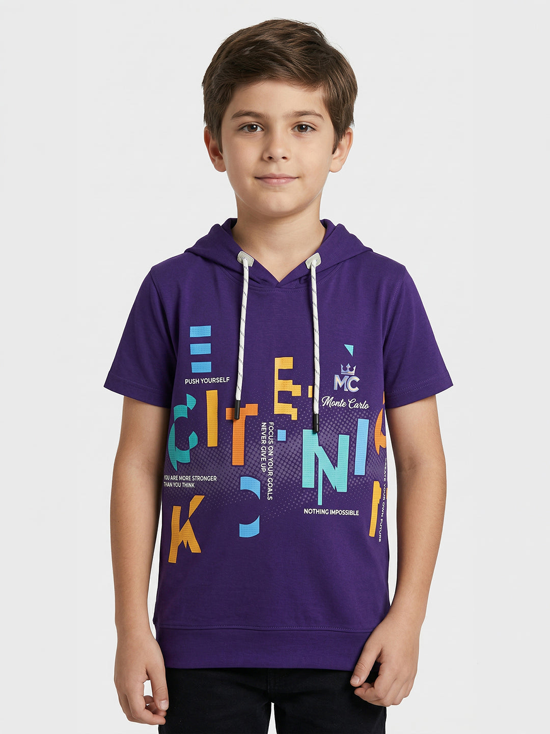 Boys Purple Printed Hooded Half Sleeve T-Shirt