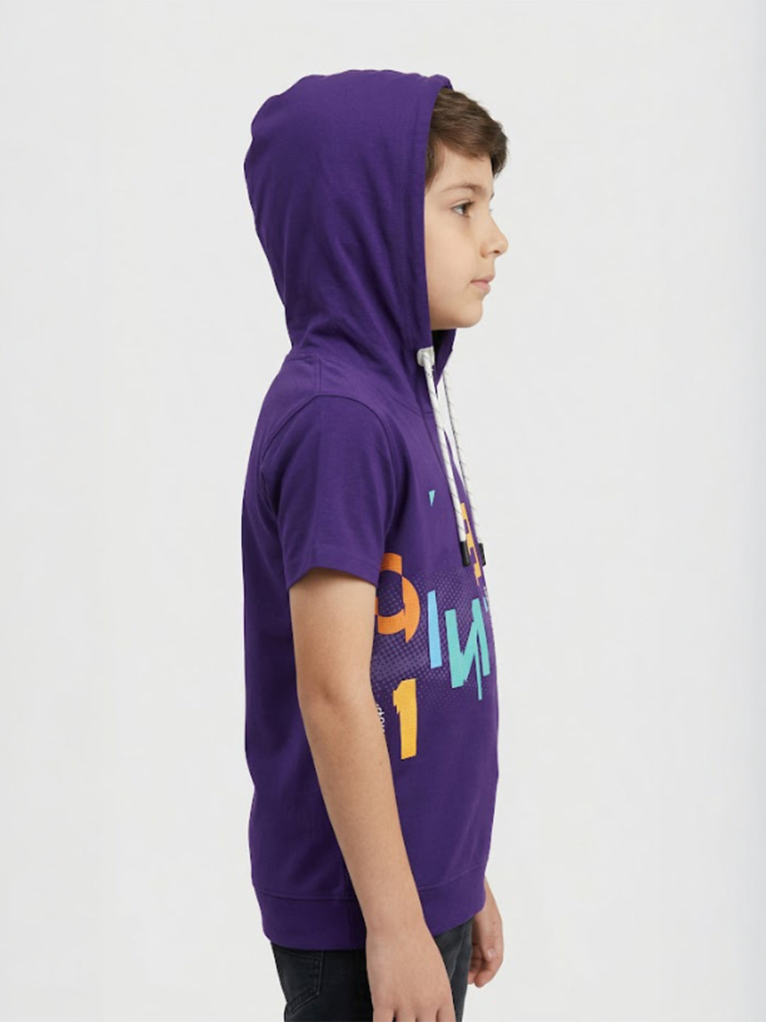 Boys Purple Printed Hooded Half Sleeve T-Shirt