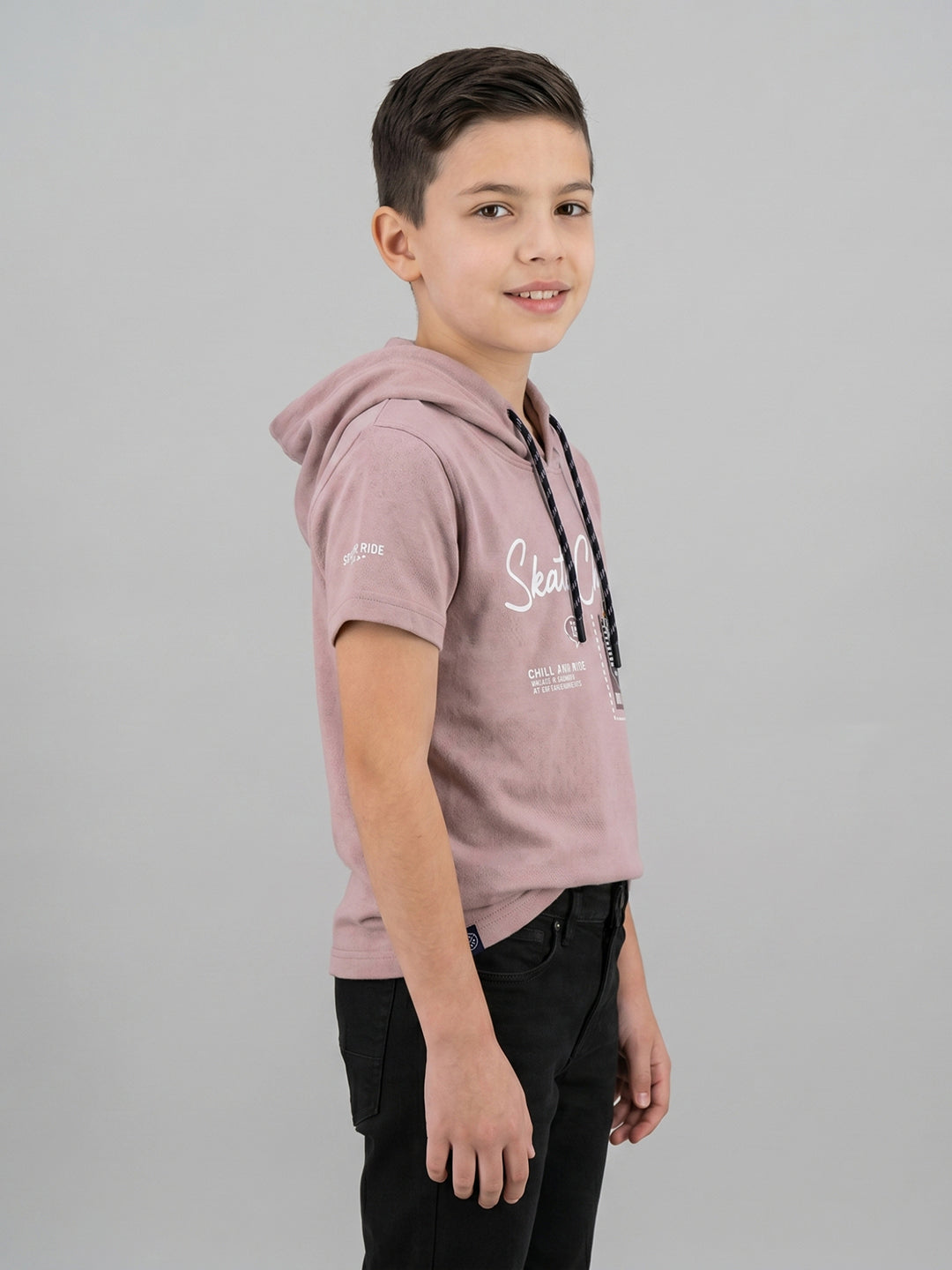 Boys Mauve Printed Hooded Half Sleeve T-Shirt