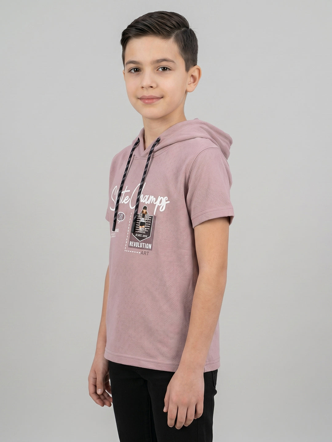 Boys Mauve Printed Hooded Half Sleeve T-Shirt