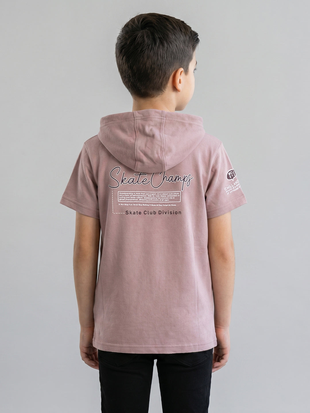 Boys Mauve Printed Hooded Half Sleeve T-Shirt