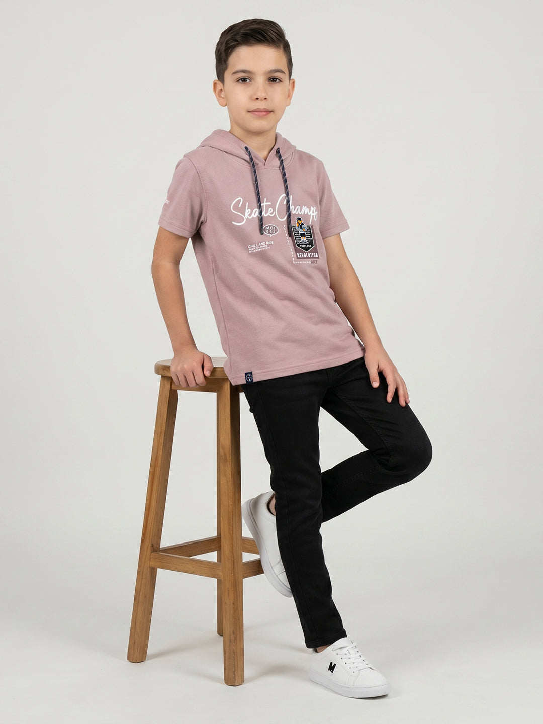 Boys Mauve Printed Hooded Half Sleeve T-Shirt