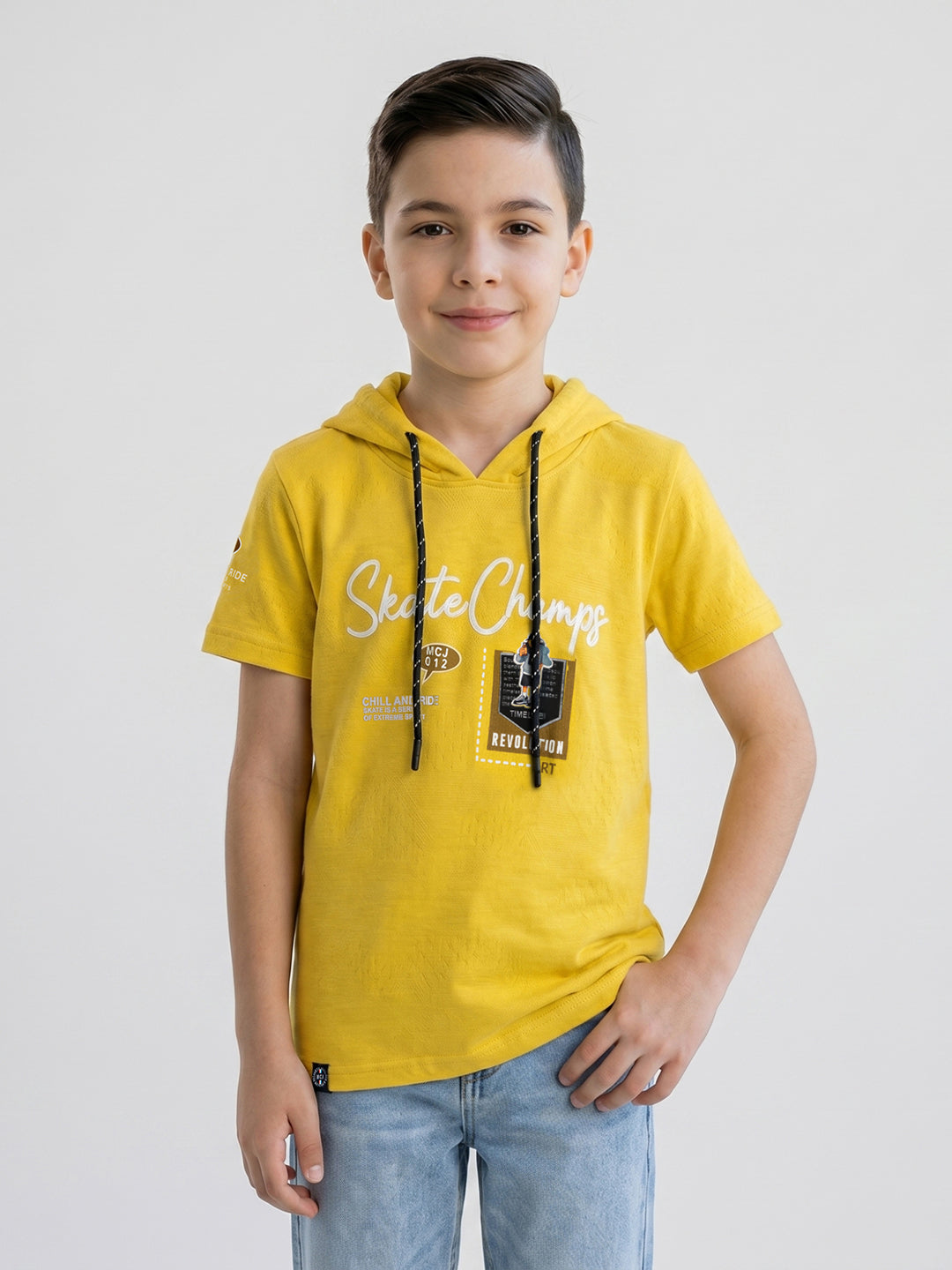 Boys Mustard Printed Hooded Half Sleeve T-Shirt