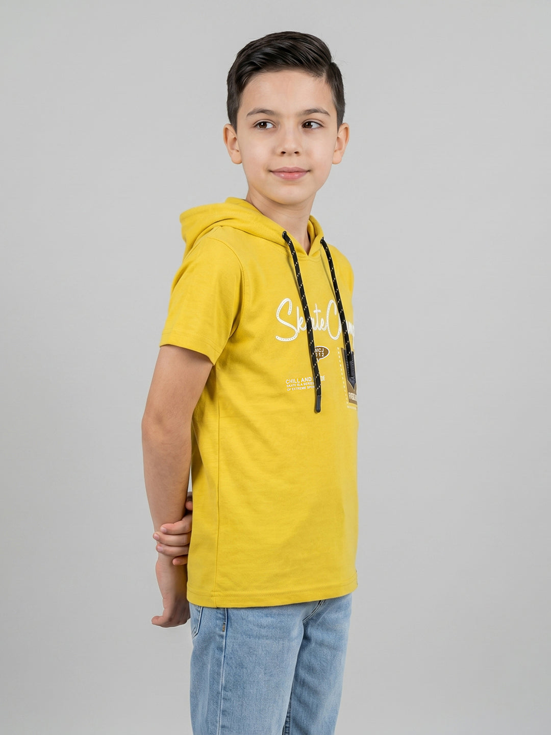 Boys Mustard Printed Hooded Half Sleeve T-Shirt