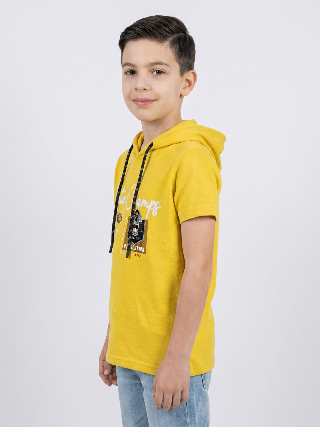 Boys Mustard Printed Hooded Half Sleeve T-Shirt