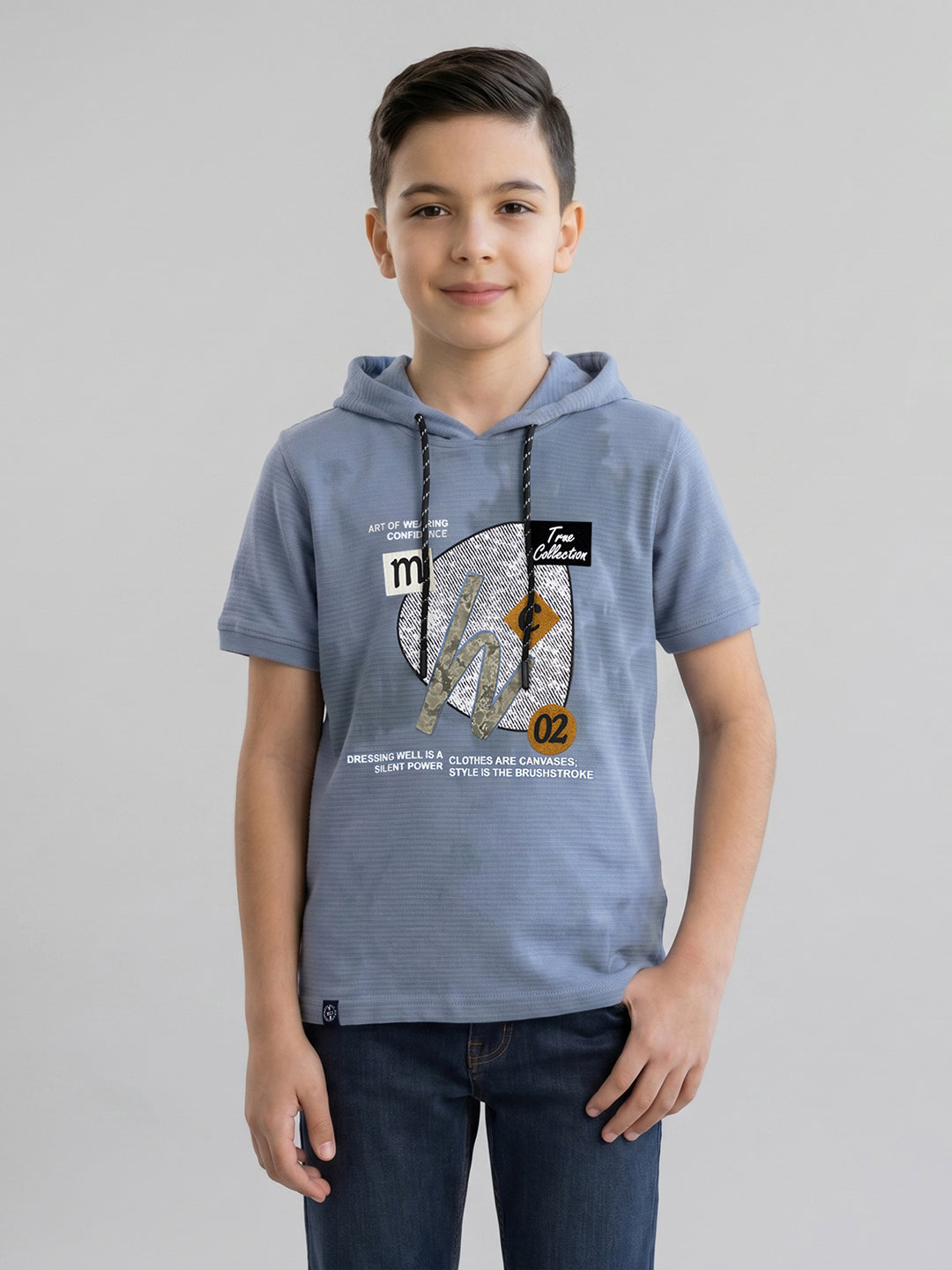 Boys Blue Printed Hooded Half Sleeve T-Shirt