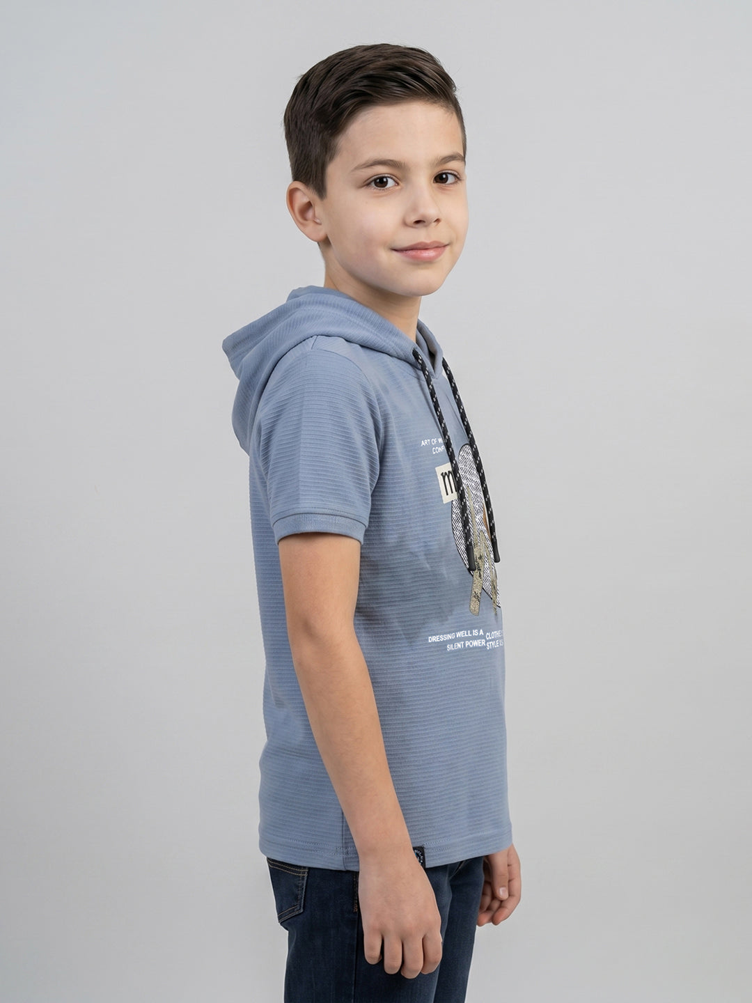 Boys Blue Printed Hooded Half Sleeve T-Shirt