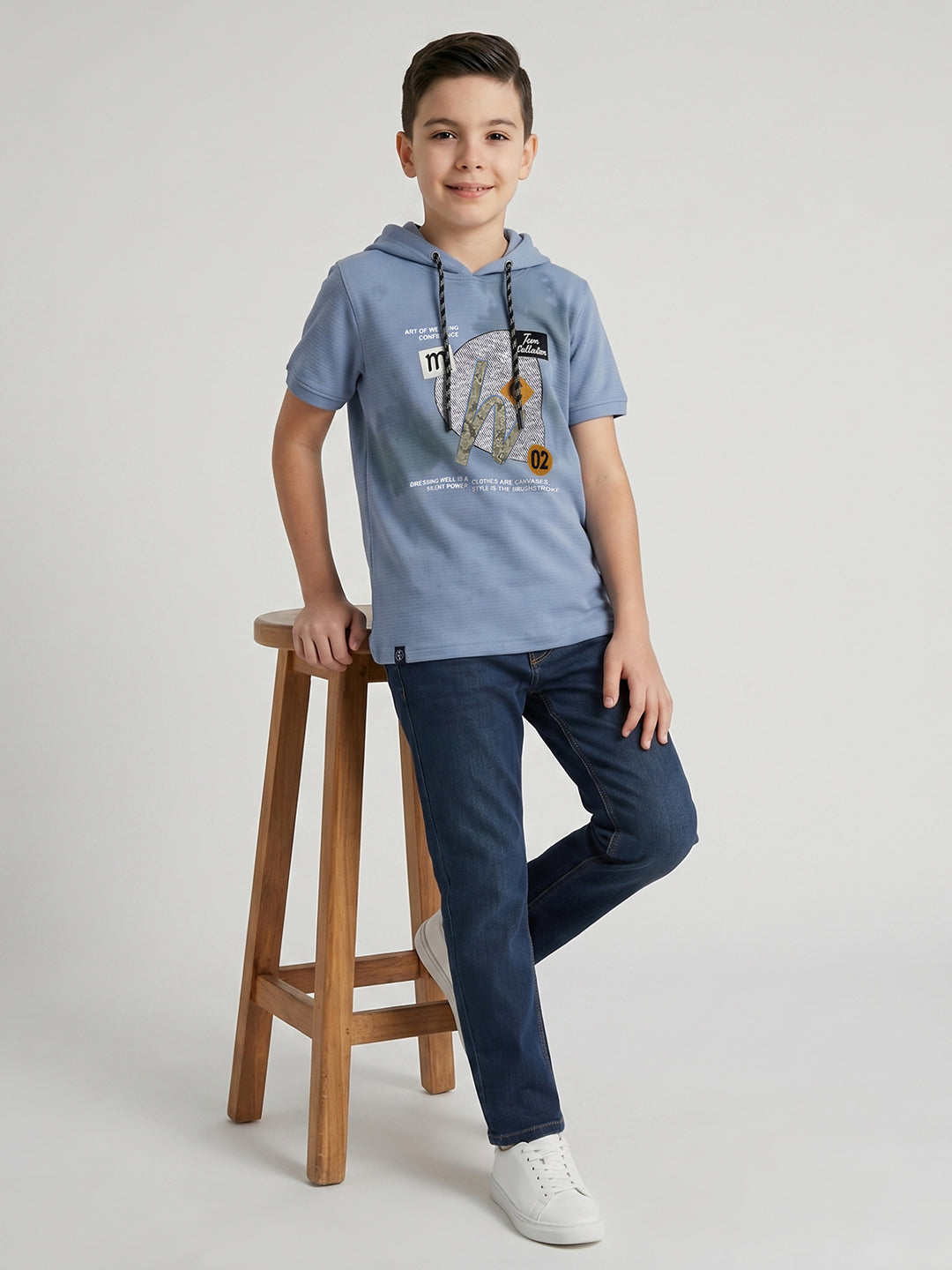 Boys Blue Printed Hooded Half Sleeve T-Shirt