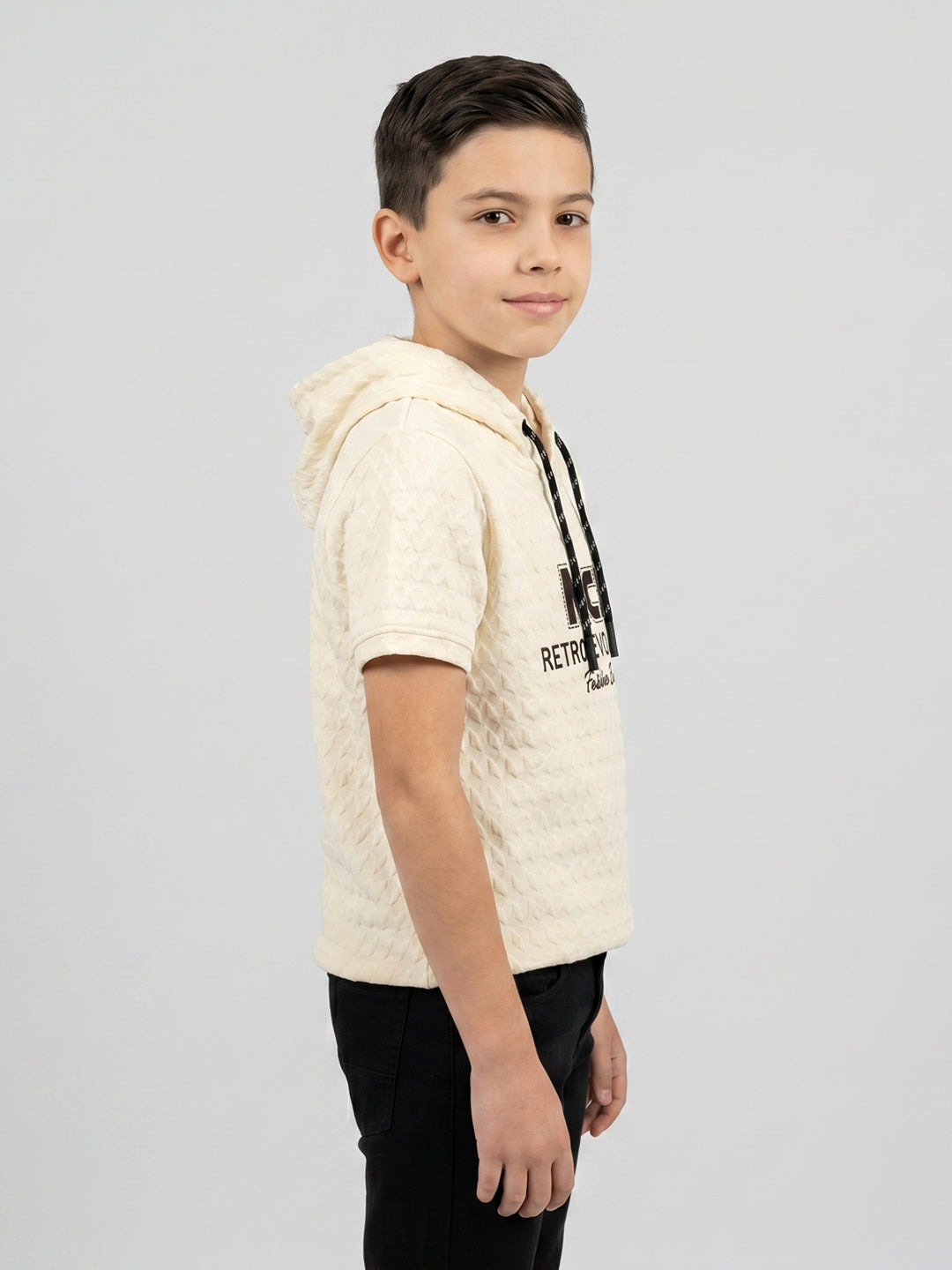 Boys Cream Printed Hooded Half Sleeve T-Shirt