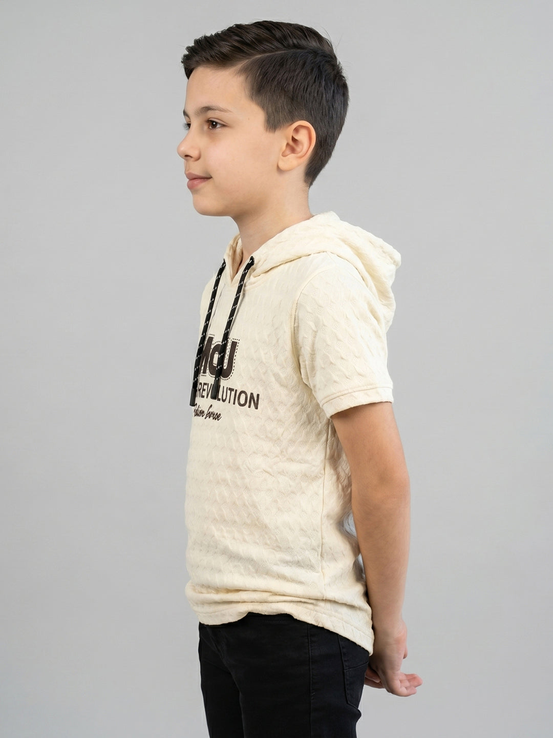 Boys Cream Printed Hooded Half Sleeve T-Shirt