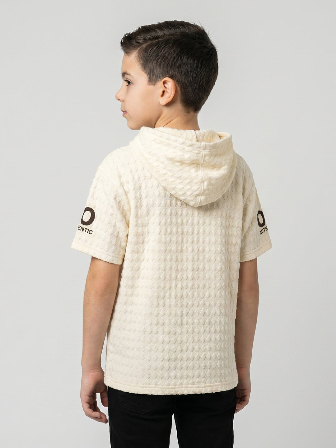 Boys Cream Printed Hooded Half Sleeve T-Shirt