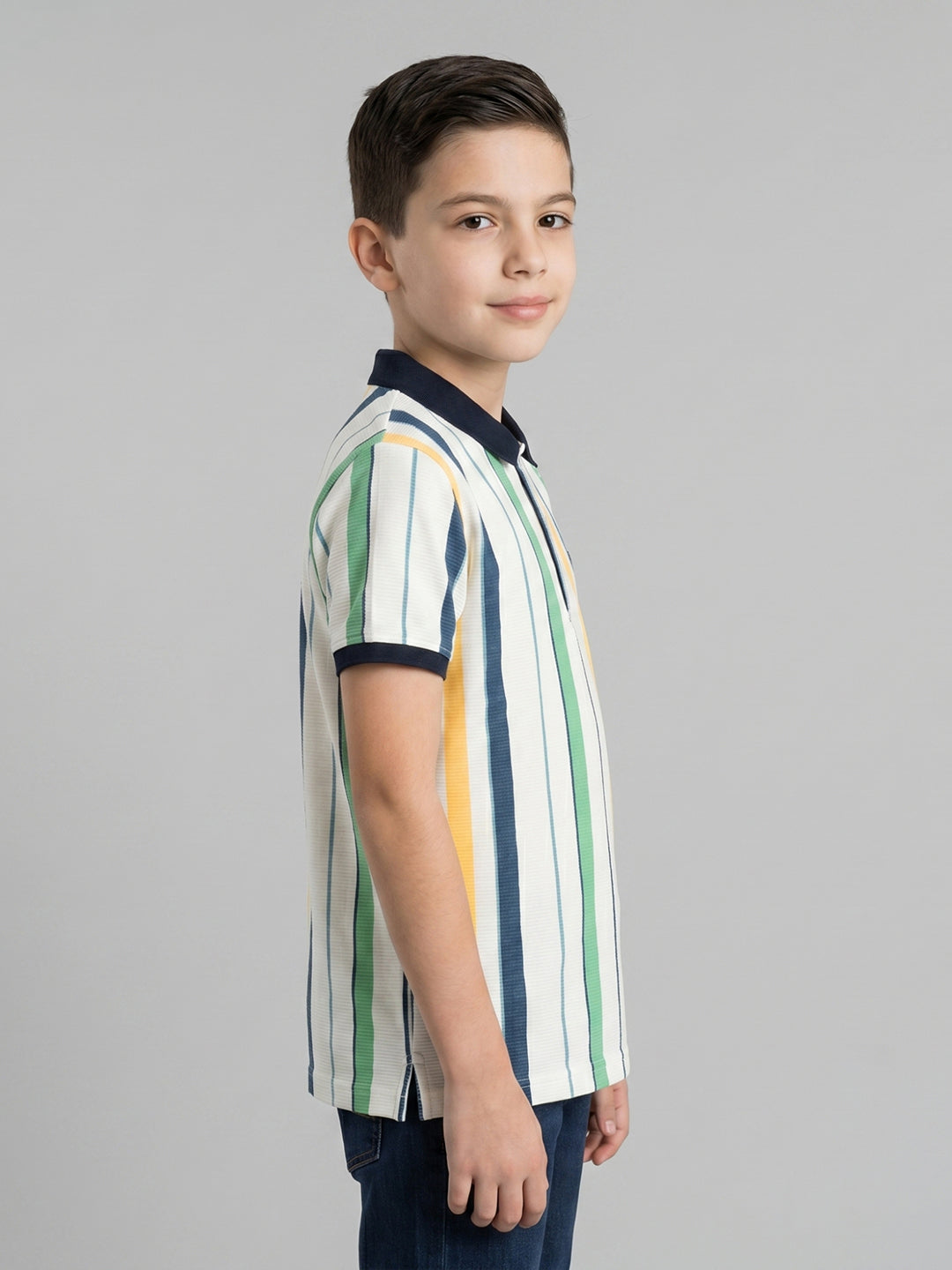 Boys White Stripe Collar Half Sleeve T-Shirt